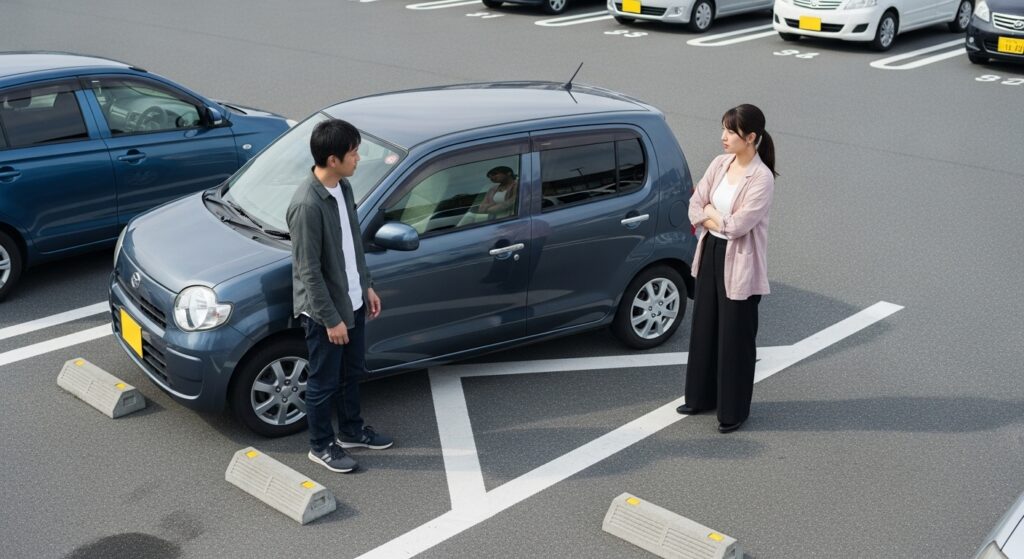 「駐車場で斜めに停まった車の前で、男性と女性が向き合って話している。女性は腕を組み、駐車について指摘しているように見える。」