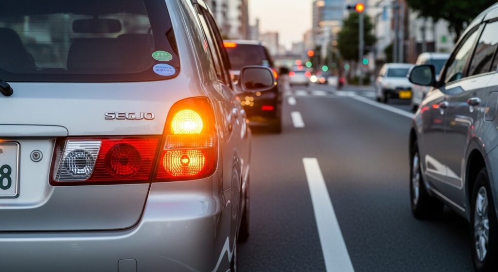 車が右ウインカーを出して車線変更しようとしている一般道路の後方シーン