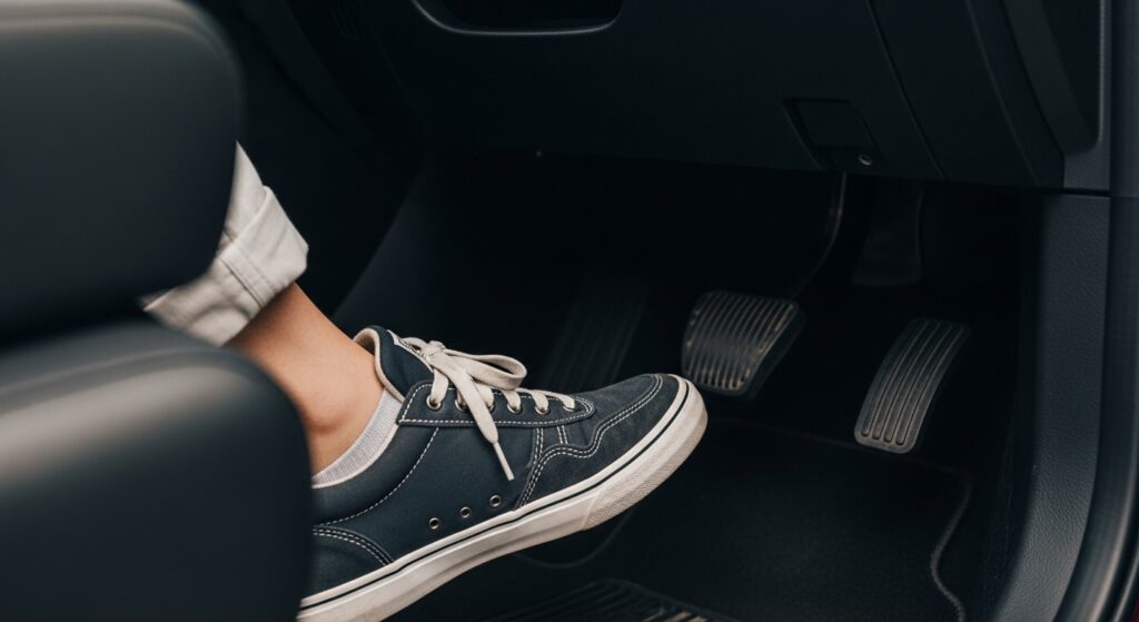 「スニーカーを履いた足が車のペダルの前に正しい位置で置かれている。運転に適した靴の例。」