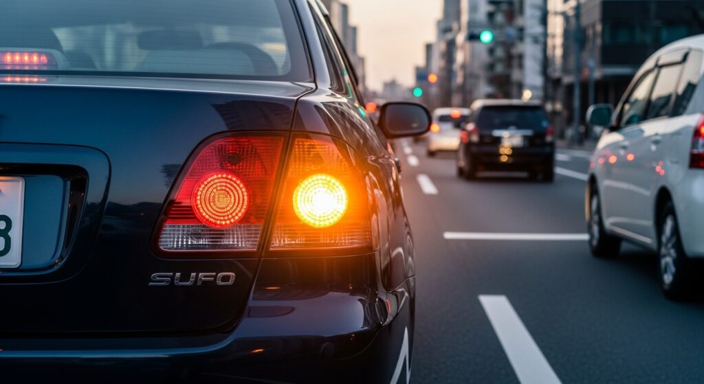 車が右ウインカーを出して車線変更しようとしている一般道路のシーン