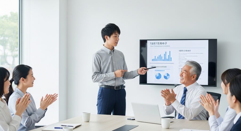 会議室で若手社員がプレゼンを行い、上司や同僚から拍手で称賛されているシーン
