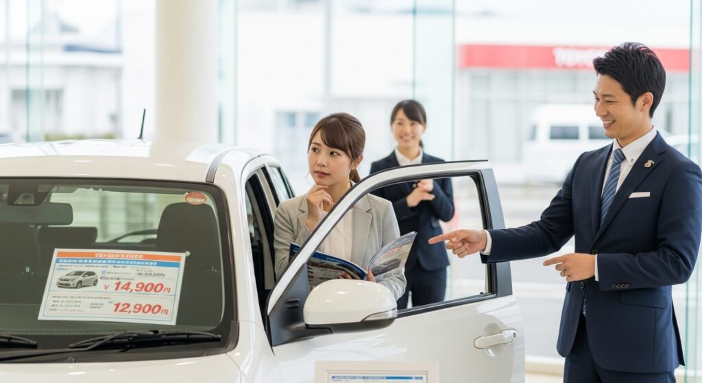 トヨタディーラーで営業マンと軽自動車を前に購入を検討する女性。車の説明を聞きながら真剣に考えている様子。