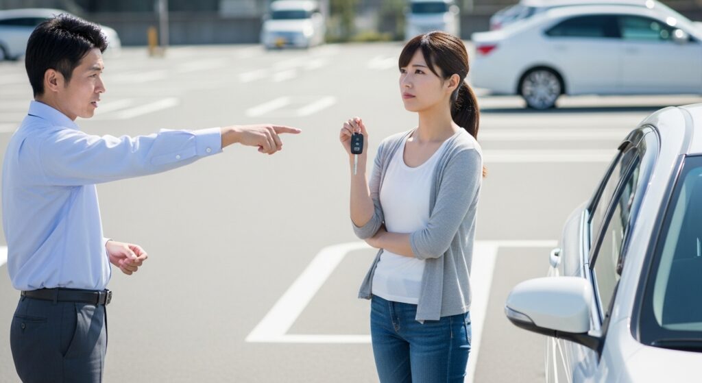 「駐車場でインストラクターと会話する女性。カーライフと家計のバランスを考えるイメージ」