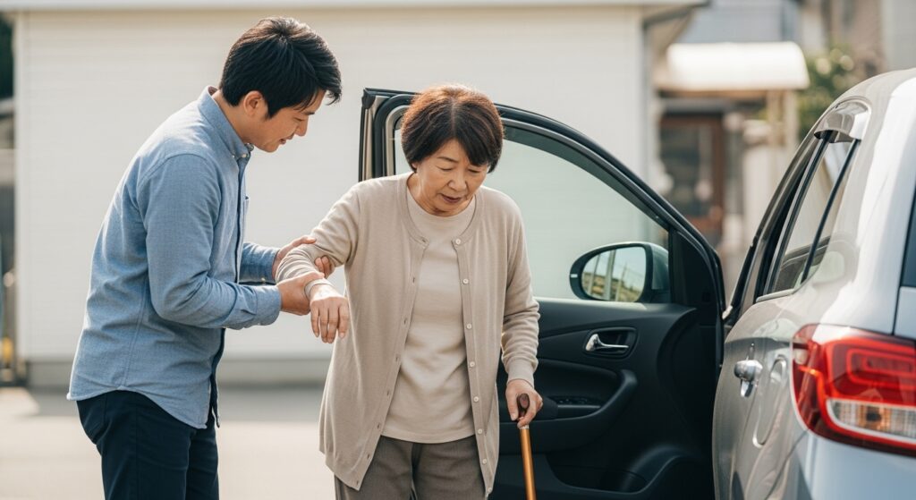 「高齢の母親をサポートしながら車に乗せる息子。家族送迎のカーライフ」