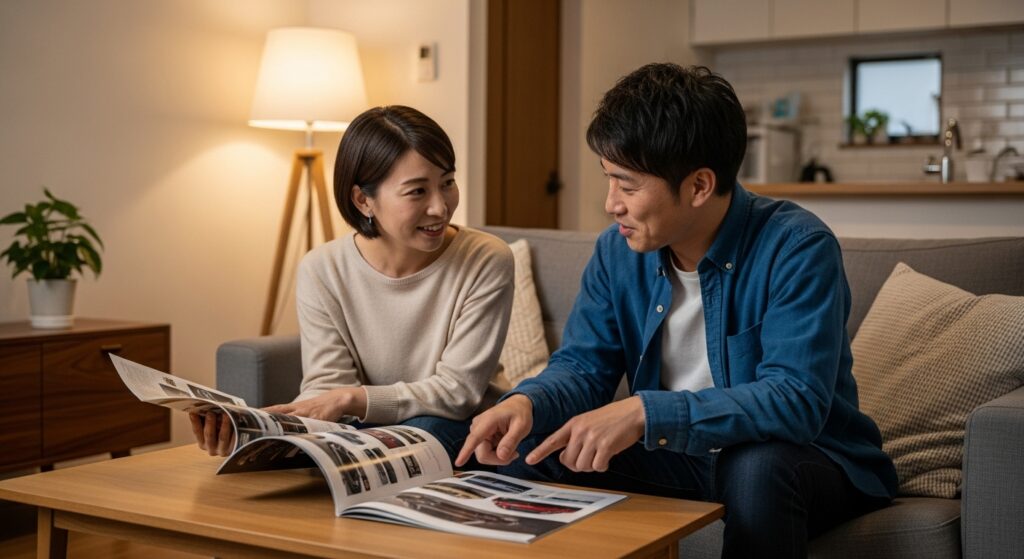 「リビングで車のカタログを見ながら相談する夫婦。カーライフ計画のイメージ」