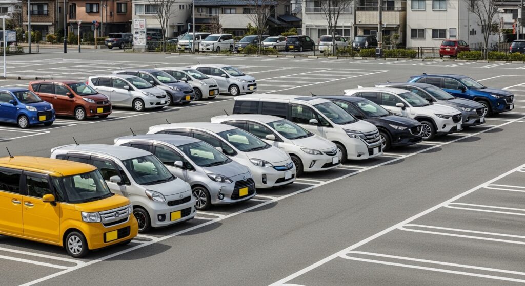駐車場に並ぶ軽自動車、ハイブリッド車、ミニバン、SUV。車種ごとの燃費やガソリン減税効果の違いをイメージさせるシーン。