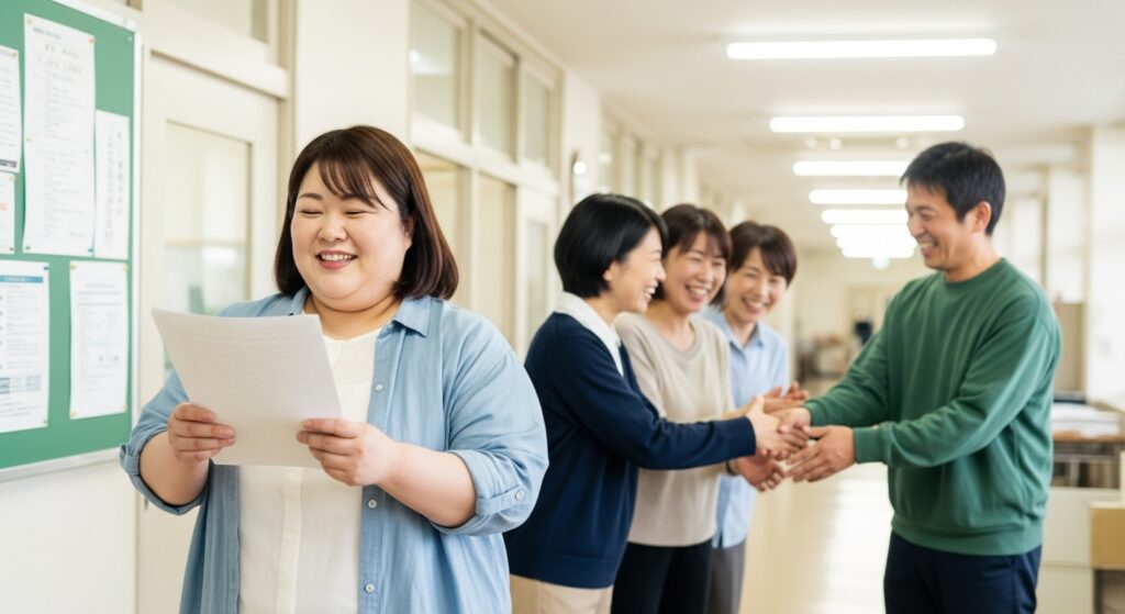 介護職員初任者研修とペーパードライバー講習の修了証を手に笑顔を見せる50代女性。仲間から祝福され、努力の成果を実感している場面。