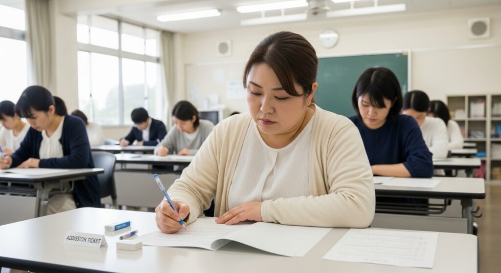 「介護職員初任者研修の修了試験を受ける50代女性。真剣な表情で答案を書いている。」