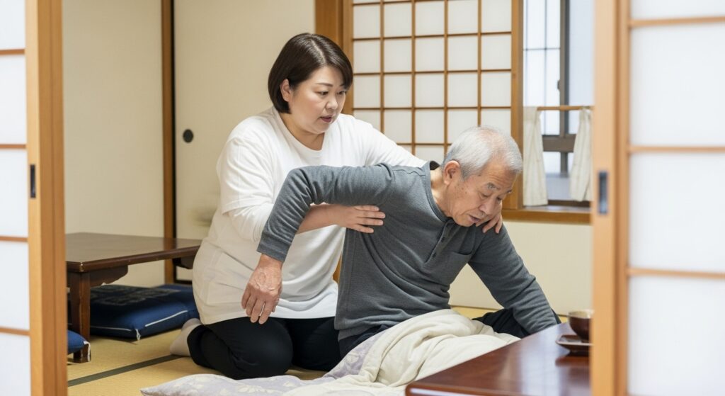 「和室で高齢男性を支える50代女性。介護研修で学んだ移乗介助を実践している様子。」