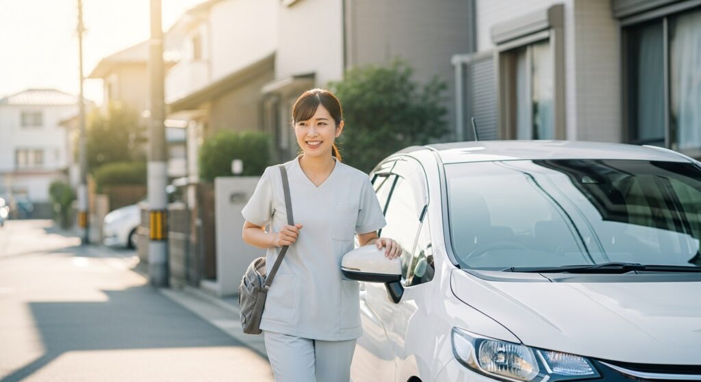 住宅街で車に乗る前の介護職の女性ドライバー。次の訪問に向けて出発する明るい朝のシーン