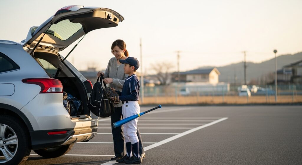 母親と小学生の男の子が野球道具を車のトランクに入れる様子。習い事やスポーツの送り迎えが教育機会の広がりにつながっている