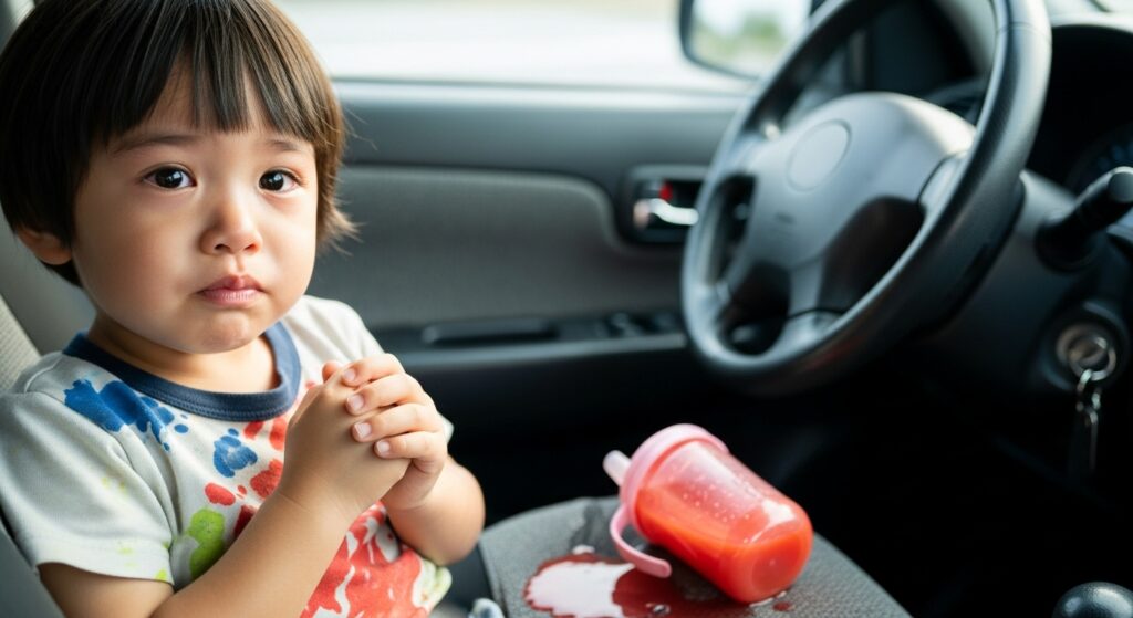 「車内の助手席でジュースをこぼし、困った表情を浮かべる子供」
