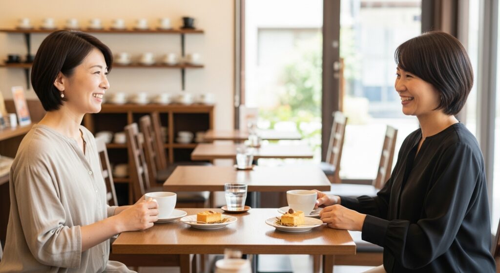 喫茶店で友人とお茶をしながら会話する50代女性。ガソリン減税で浮いたお金を日常の楽しみに置き換えてイメージしている様子。