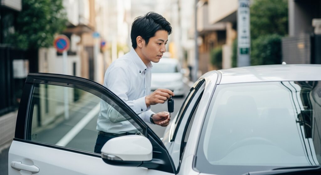 白いシャツを着た30代の日本人ビジネスマンが、狭い東京の路地で社用車に乗り込もうとして鍵を手にしているシーン