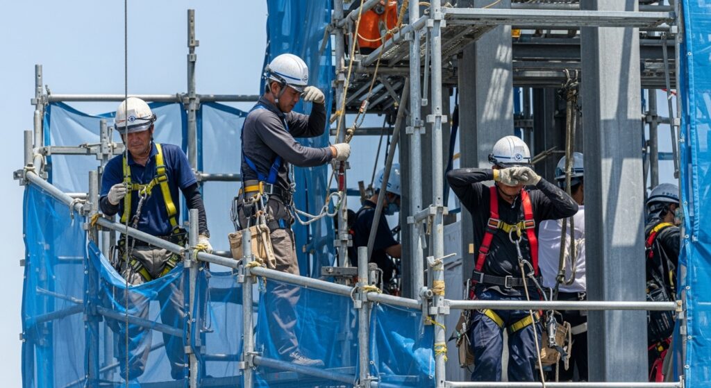 真夏の建設現場で作業する鳶職人たち。猛暑の中、安全装備をつけて高所で汗をぬぐう姿。