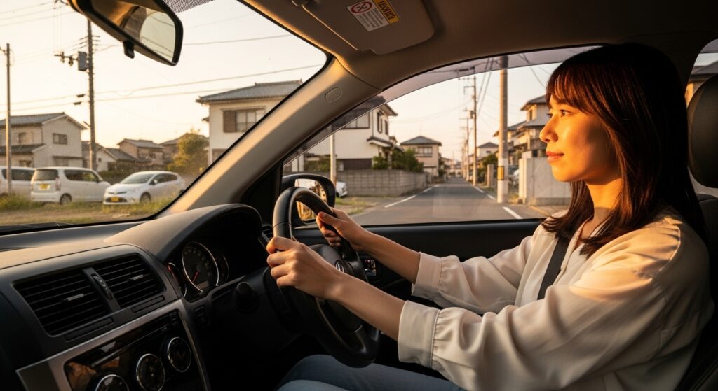 夕暮れ時の住宅街を走行する20代女性ドライバー。シートに深く座りすぎず背筋を伸ばし、正しい姿勢でハンドルを握りながら落ち着いて運転している様子。