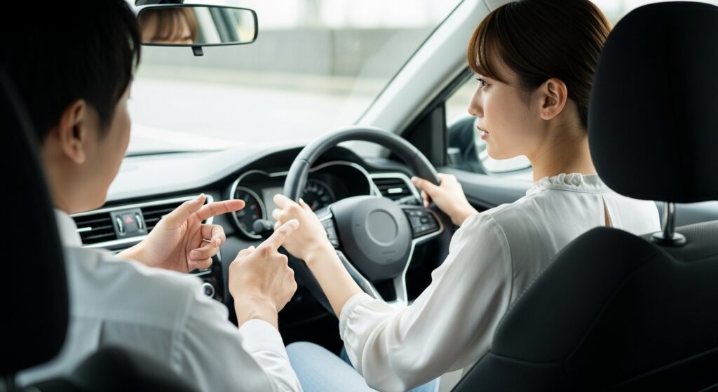 車内でインストラクターが指を指しながら、20代女性ドライバーにハンドルの正しい9時15分の持ち方を指導している場面。女性は真剣な表情で両手を正しい位置に置いている。