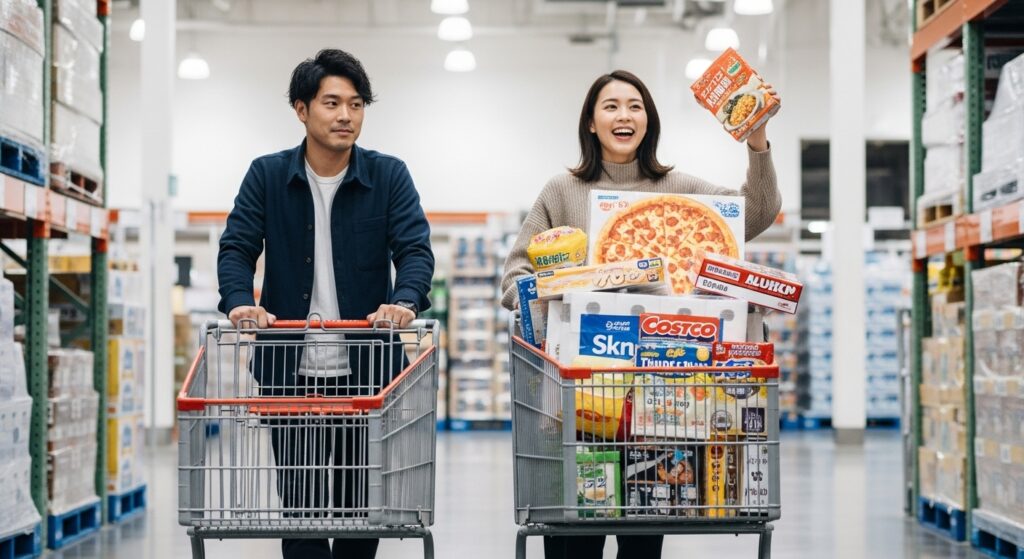 コストコの店内で、空のカートを押す男性と、商品でいっぱいのカートを押しながら楽しそうに笑う女性。二人の金銭感覚や価値観の違いを象徴するシーン。