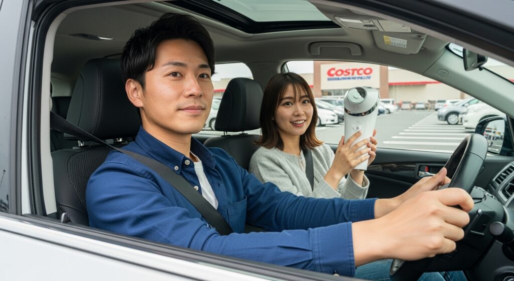 コストコ駐車場で車を運転する男性と、助手席で美顔器を持って喜ぶ女性。運転スキルと生活感が同時に試されるコストコデートのシーン。