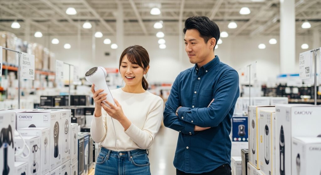 コストコの店内で高級美顔器を手に取り、笑顔で眺める女性と、それを見守る男性。買い物を通じて生活感や価値観が試される瞬間。
