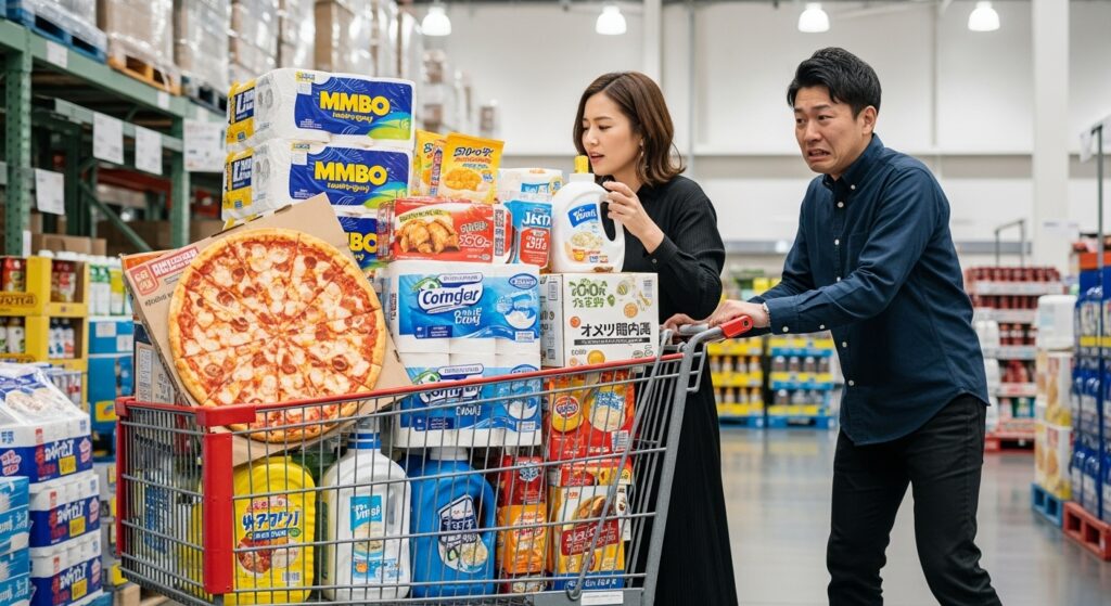コストコデートで大量に商品をカートに詰め込む女性と、金額に驚いて引き気味の男性。買い物を通じて金銭感覚の違いが浮き彫りになる瞬