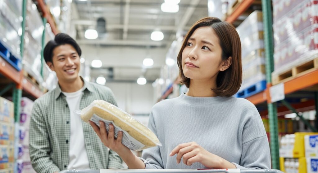 コストコの店内で商品を手に取り、真剣に考える女性と、その様子を笑顔で見守る男性。生活必需品の選択が結婚生活を想起させる瞬間。