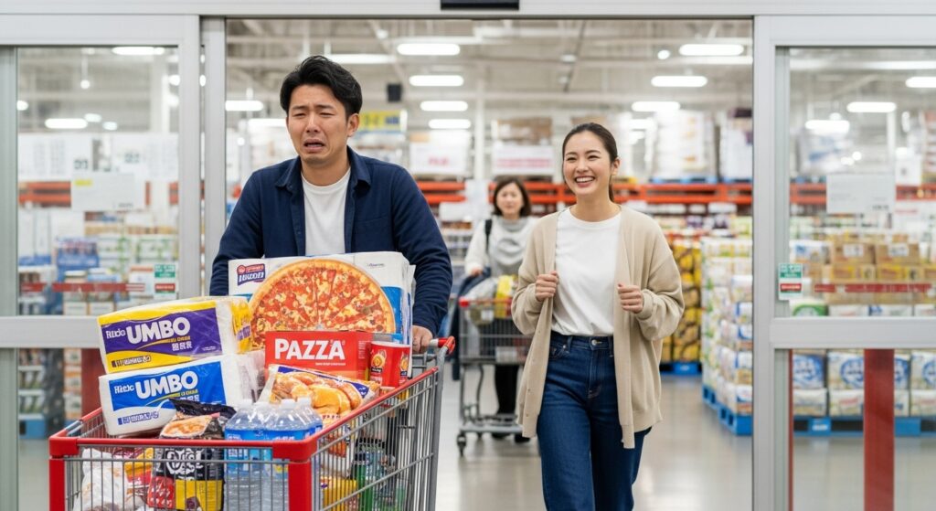 コストコの出口で大量の商品を積んだカートを押す男性と、楽しそうに歩く女性。買い物で表れる価値観や金銭感覚の違いを象徴するシーン。