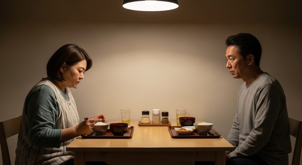 「夕食の食卓で向かい合う50代の夫婦。女性は緊張の残る表情で食事をしながら、運転講習について夫に話している。」