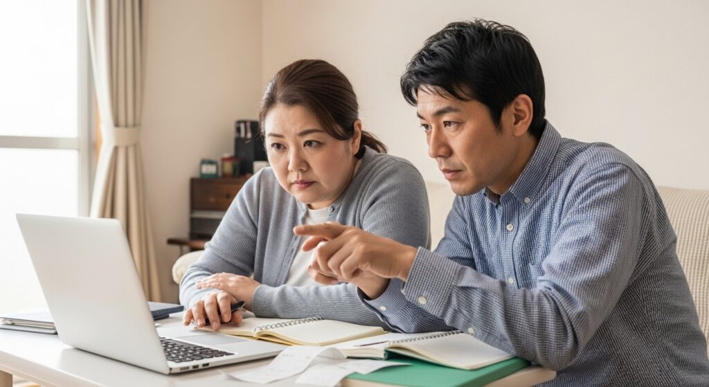 「50代の日本人女性が夫と一緒に自宅でノートパソコンを見ながら検索している様子。夫が指をさして説明し、妻は真剣な表情で画面を見つめている。転職や学び直しに向けて夫婦で調べているシーン。」