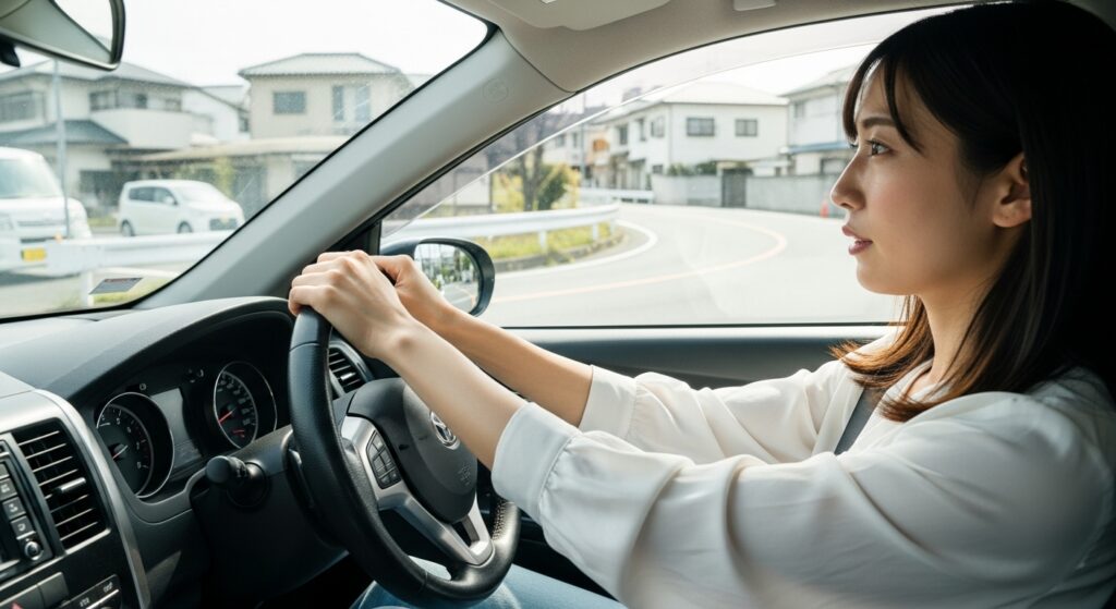 車内で20代女性ドライバーが両手でしっかりとハンドルを握り、住宅街のカーブを曲がるシーン。クロスハンドルまたは送りハンドルを使って丁寧に操作している様子。