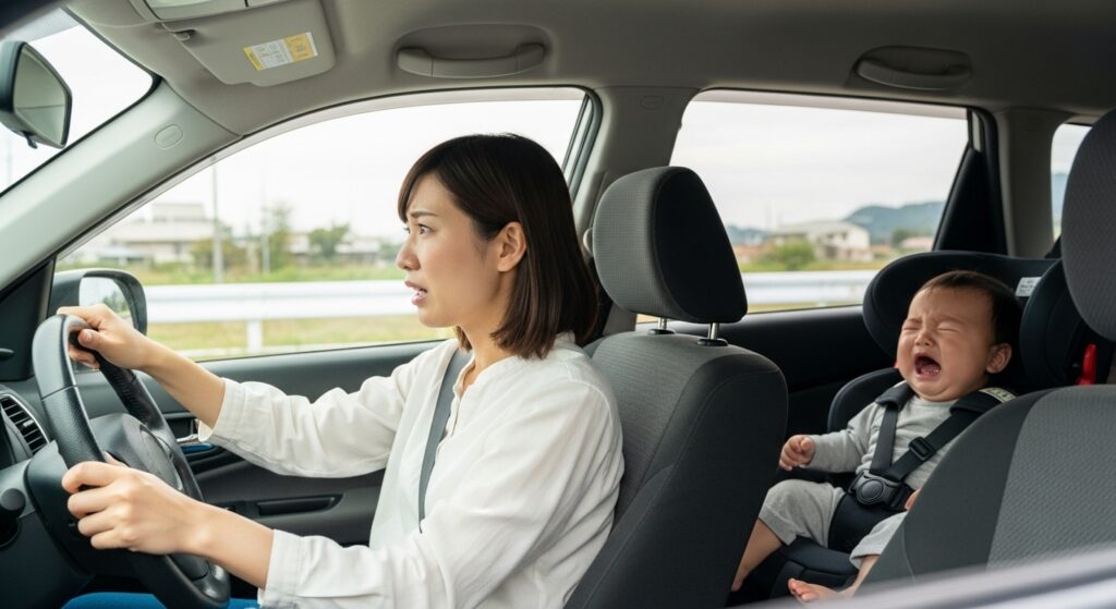 「母親が運転する車内で、後部座席のチャイルドシートに座る赤ちゃんが泣いているシーン」