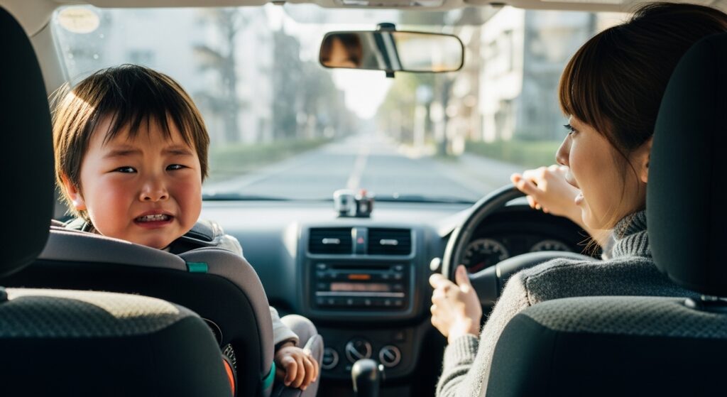 「後部座席で子供が笑顔を見せ、母親が運転している車内シーン」