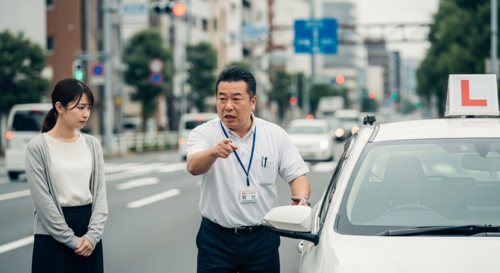 自動車教習所で指導員が厳しく指導し、女性が萎縮しているシーン。昔ながらの「鬼教官」をイメージさせる場面。