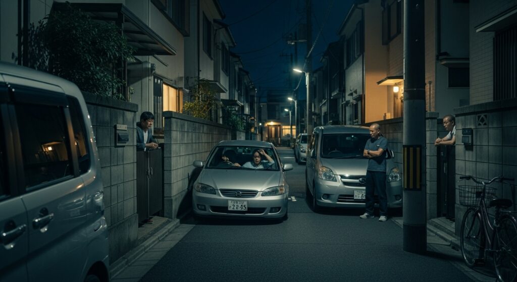 狭い住宅街で車が動けず近所の人が集まっている夜のシーン