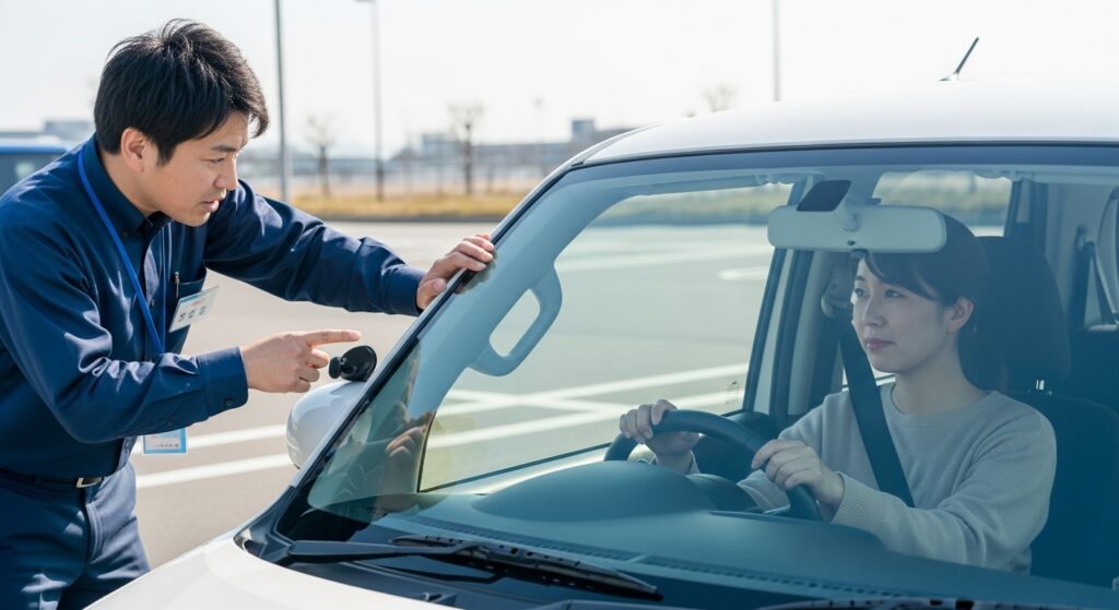 駐車場で車に乗る女性に対して、インストラクターがフロントガラス越しに安全指導を行っている様子。危険察知と安全管理の重要性を説明する場面。