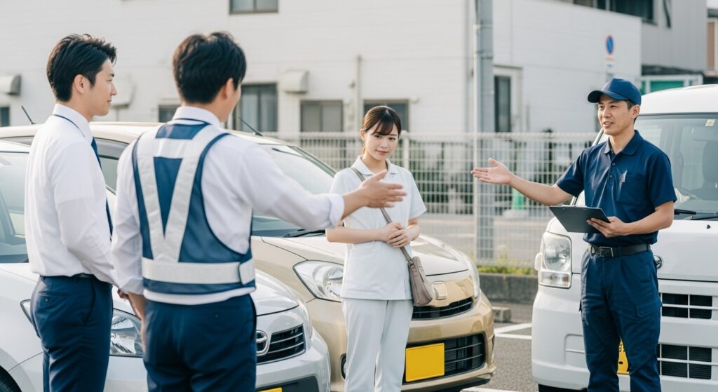 駐車場で営業職、介護職、配送ドライバーがインストラクターから運転指導を受けている場面