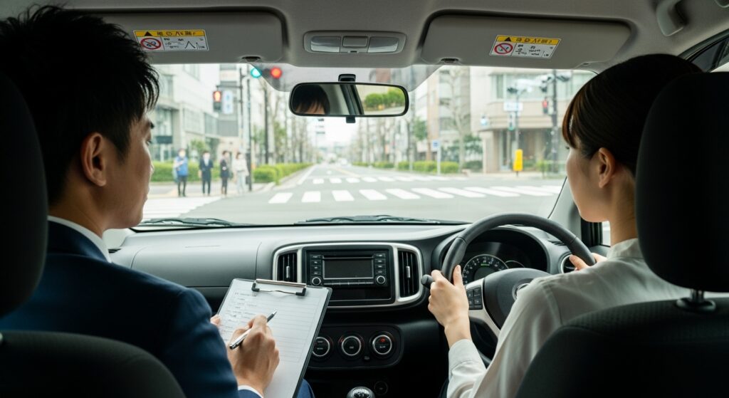 交差点で信号待ちをしている車内。インストラクターが助手席でチェックリストに記入し、運転者に具体的な言葉で指導している様子。
