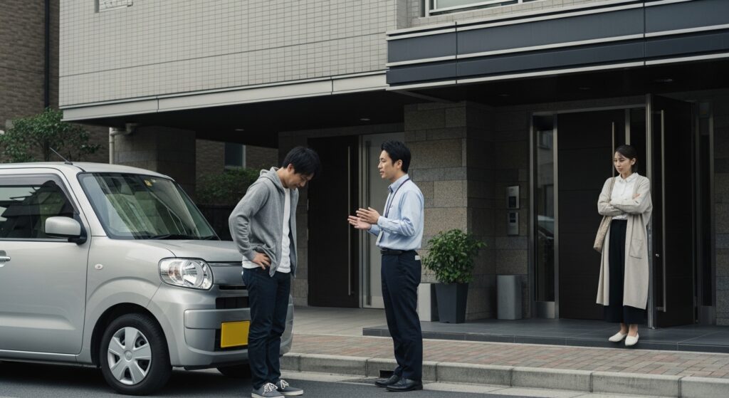 「マンション前で車の横に立つ男性が頭を下げ、インストラクターがアドバイスしている。女性が少し離れた場所から見守っている。」
