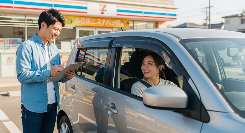 コンビニ駐車場でチェックリストを記入する男性と、笑顔で成果を喜ぶ女性運転者。運転練習の達成感を表現するシーン。