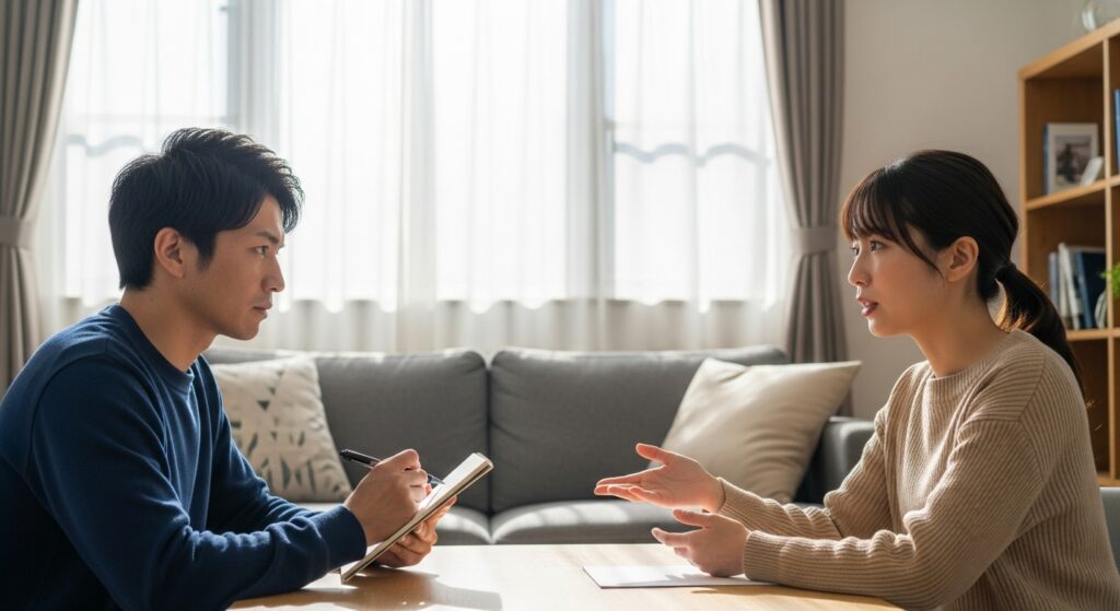 リビングで夫婦が運転練習の振り返りをしている様子。男性はメモを取り、女性は次回の課題について話している。小さな成功体験を積み重ねる計画を立てるシーン。