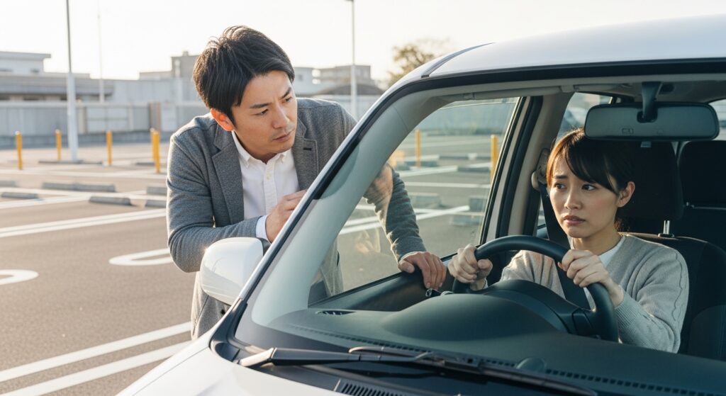駐車場で運転練習中の女性と、助手席側からアドバイスをする男性。心理的サポートと安全確認の重要性を伝えるシーン。