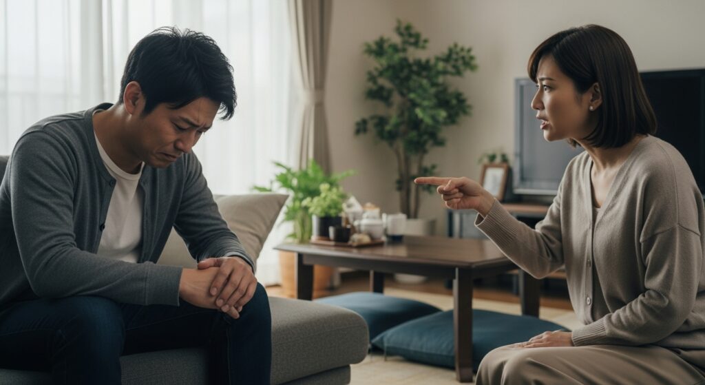 「日本のリビングで、男性が肩を落として反省しており、女性が指をさして真剣に注意している。運転スキルを振り返る象徴的なシーン。」