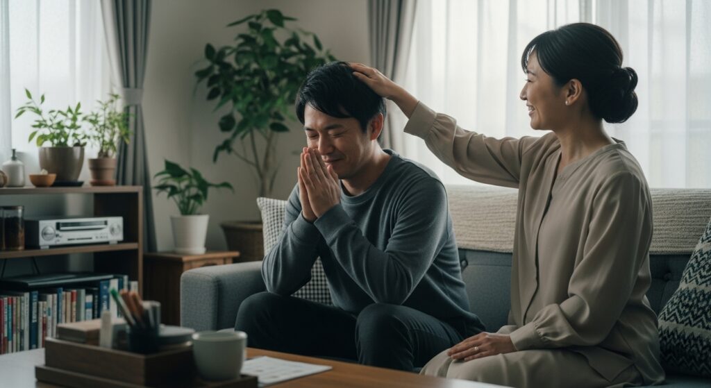 「日本のリビングで、男性が両手を合わせて嬉しそうに座り、女性が笑顔で頭を撫でて褒めている。安心感と達成感を表すシーン。」