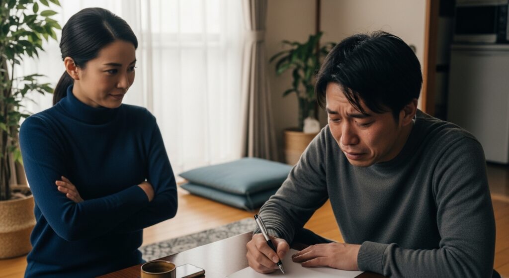 「日本のリビングで、男性が涙をこらえながら紙に反省を書き、女性が腕を組んで見守っている。運転を客観的に振り返るシーン。」