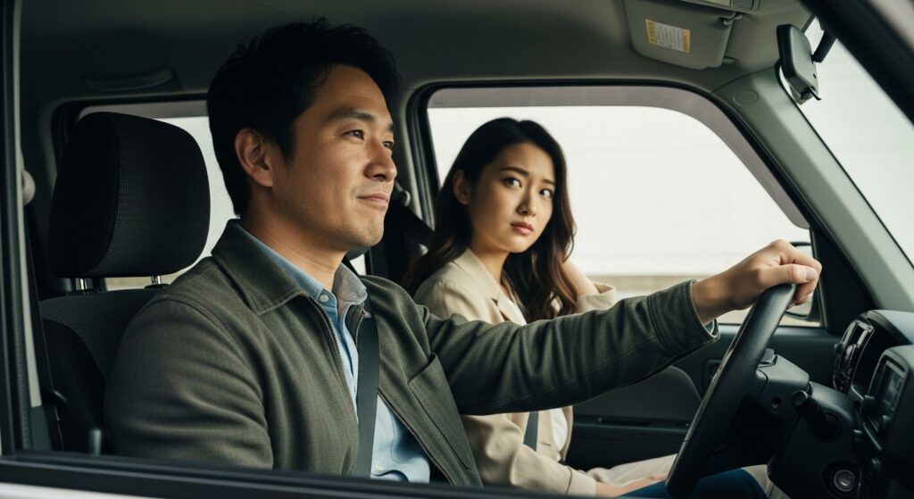 「車を運転する男性と助手席の女性。女性は少し不安そうな表情で横を見る。運転スキルを客観的に見直すシーン。」