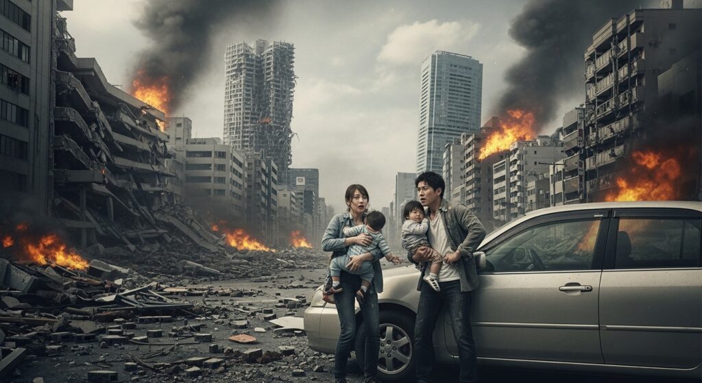 「地震で崩壊し炎上する都市の中で、幼い子どもを抱え車のそばに立つ共働き家庭。運転担当の固定化による災害時の避難リスクを象徴するシーン。」