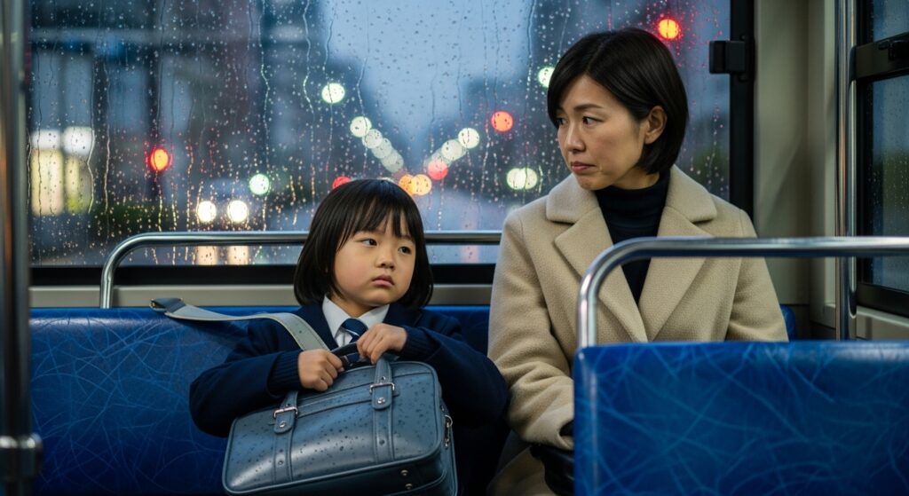 雨の夜、バスに乗る母親と子ども。車を持たない家庭が公共交通に依存する姿は、教育機会の格差につながる現実を映し出している