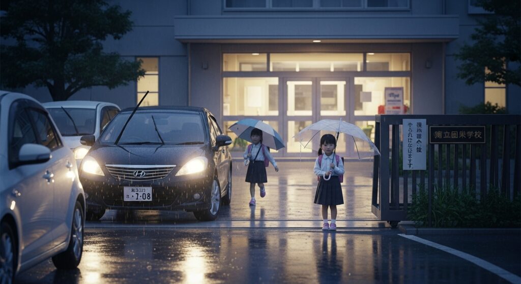 雨の夕方、学習塾から出て車で迎えに向かう子供たちと、一人残る子供。教育格差と移動手段の違いを象徴するシーン