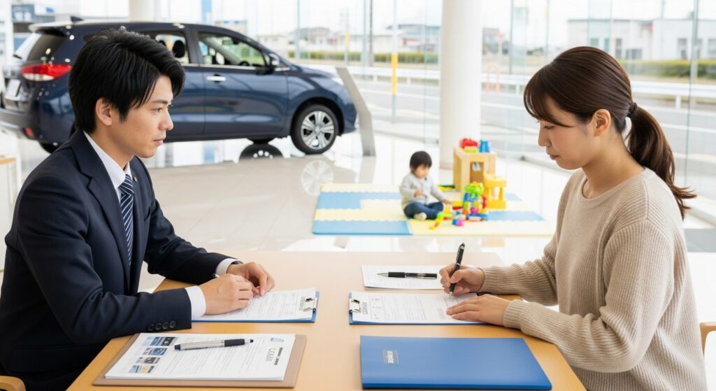 自動車ディーラーで契約書にサインする母親と、後ろのキッズスペースで遊ぶ子ども。車の有無が教育機会に影響する現実を映す