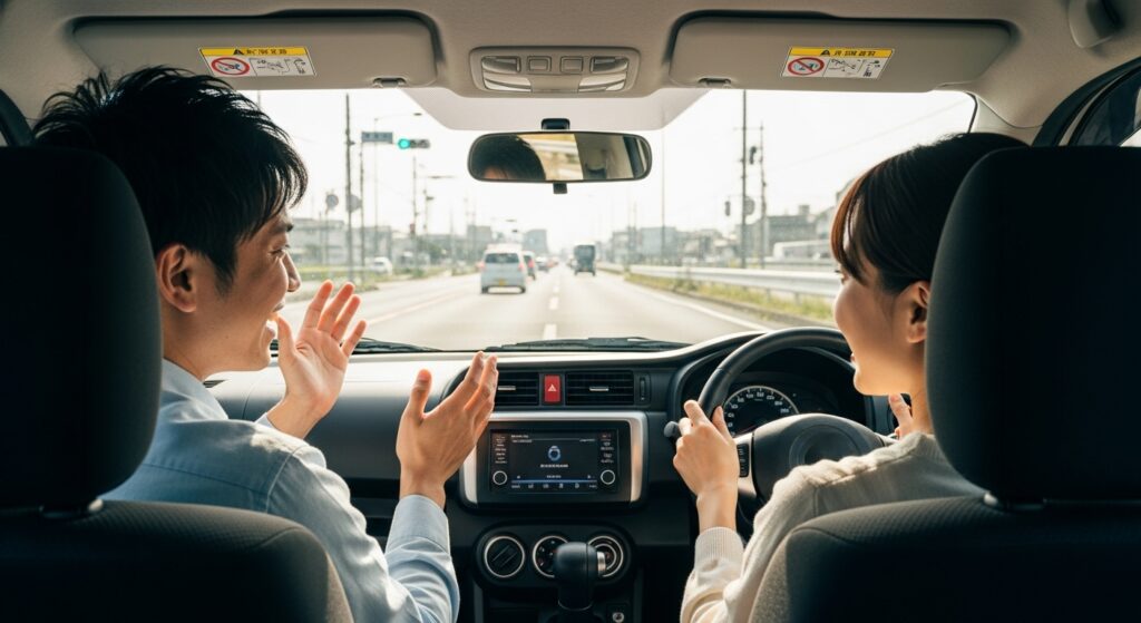 車内で運転する女性と助手席の男性が楽しそうに会話しながら練習する様子。週末朝の短時間練習を繰り返して感覚を取り戻しているシーン。
